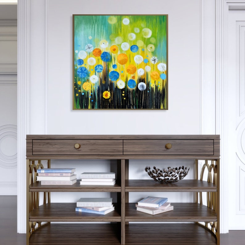 Original Abstract Colorful Dandelions Paintings on Canvas, Original Floral Art for Kids Room, Hand Painted Wall Hanging Art 28x28 image 2