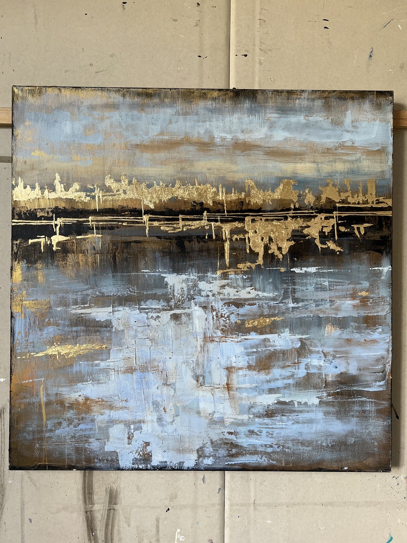 Abstrakte Beige und Gold Gemälde auf Leinwand, Original reich strukturierte Kunstwerk, Blattgold Kunst Wandbehang Dekor für Wohnzimmer Dekor 70x70cm Bild 4