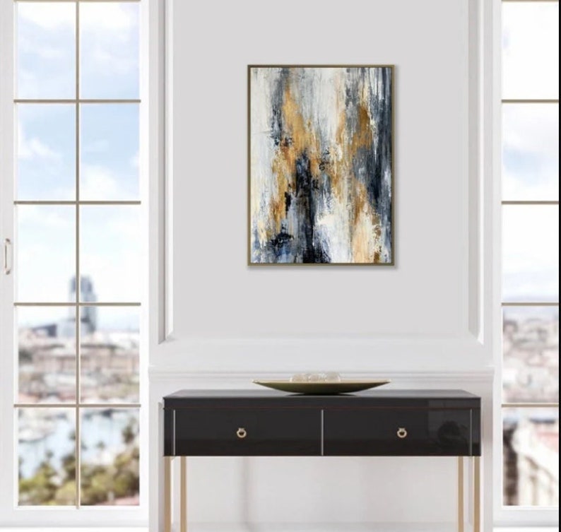 Abstract in Beige, Blue and Gold Colors, Original Gold Leaf Art Handmade Paintings on Canvas, Modern Wall Decor for Home 27.6x19.7 image 1