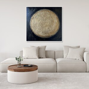 Abstract Gold Circles Paintings On Canvas, Modern Black Canvas Wall Art, Gold Sphere Original Art, Custom Oil Painting Wall Decor 28x28 image 2