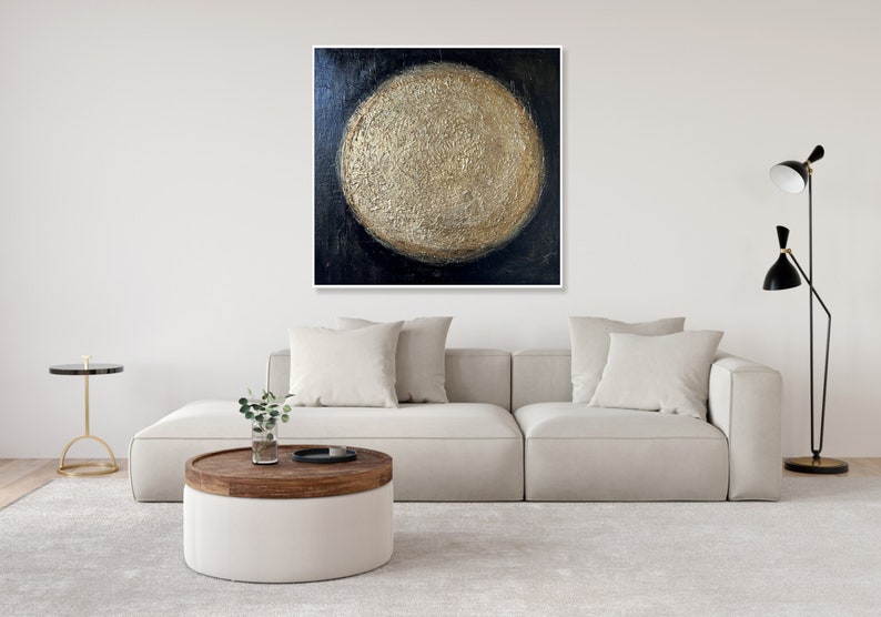 Abstract Gold Circles Paintings On Canvas, Modern Black Canvas Wall Art, Gold Sphere Original Art, Custom Oil Painting Wall Decor 28x28 image 2