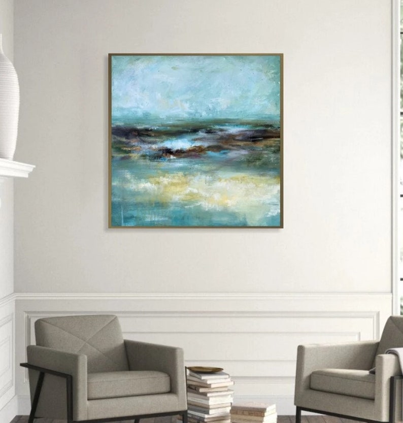 Pintura de paisaje marino azul abstracto sobre lienzo, arte de pared estético original Scandi Chic, pintura al óleo personalizada, decoración de pared con textura moderna 28 x 28 imagen 1