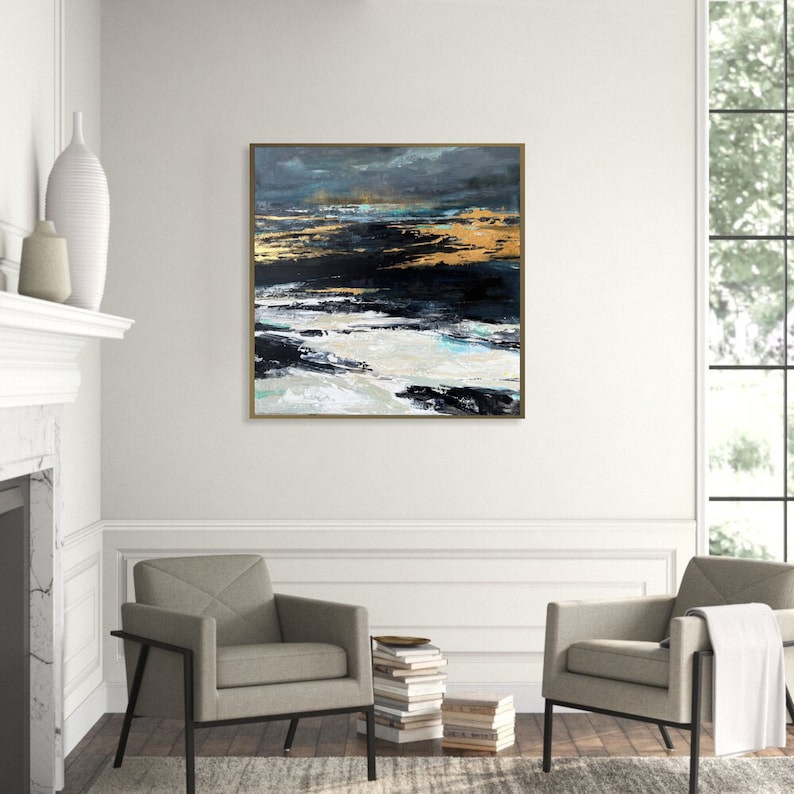 Original abstrakte Landschaftsgemälde auf Leinwand, strukturiertes benutzerdefiniertes Ölgemälde Scandic Chic Aesthetic Wandbehang Kunst für Wohnkultur 70x70 cm Bild 2