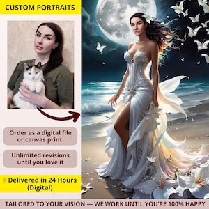 Ritratto fantasy personalizzato da foto, dipinto digitale in stile fiabesco, regalo d'arte personalizzato al chiaro di luna, spiaggia, arte digitale personalizzata delle fate