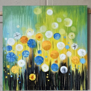 Original Abstract Colorful Dandelions Paintings on Canvas, Original Floral Art for Kids Room, Hand Painted Wall Hanging Art 28x28 image 5