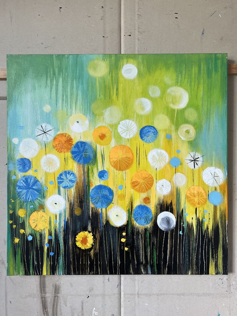 Original Abstract Colorful Dandelions Paintings on Canvas, Original Floral Art for Kids Room, Hand Painted Wall Hanging Art 28x28 image 5