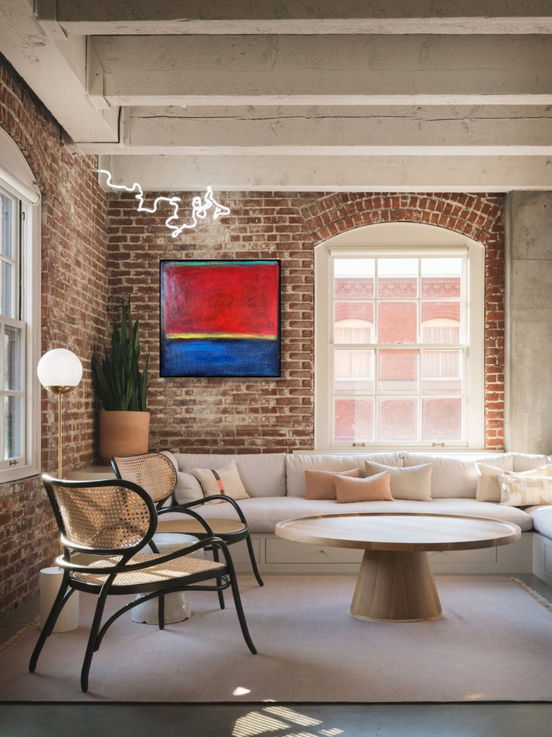 Mark Rothko Abstrakte rote und blaue Malerei auf Leinwand, modernes urbanes Kunstwerk von Mark Rothko, texturierte Wandkunst für Wohnzimmer Bild 3