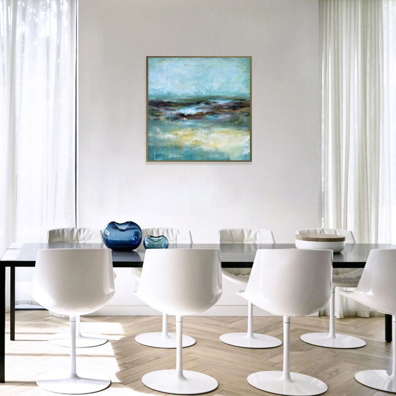 Pintura de paisaje marino azul abstracto sobre lienzo, arte de pared estético original Scandi Chic, pintura al óleo personalizada, decoración de pared con textura moderna 28 x 28 imagen 3