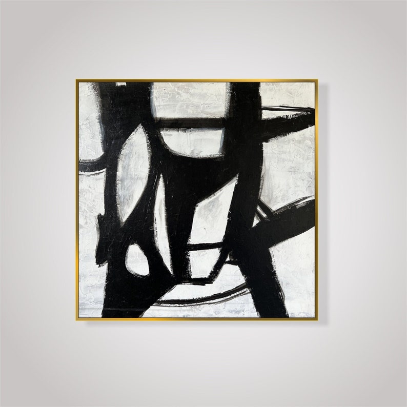 Abstract Black And White Paintings On Canvas, Franz Kline style Custom Oil Painting, Textured Minimalist Wall Hanging Decor for Home 28x28 image 1