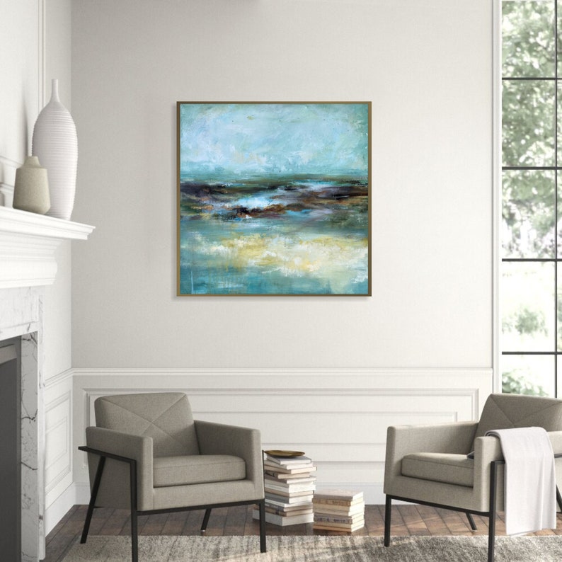 Pintura de paisaje marino azul abstracto sobre lienzo, arte de pared estético original Scandi Chic, pintura al óleo personalizada, decoración de pared con textura moderna 28 x 28 imagen 2