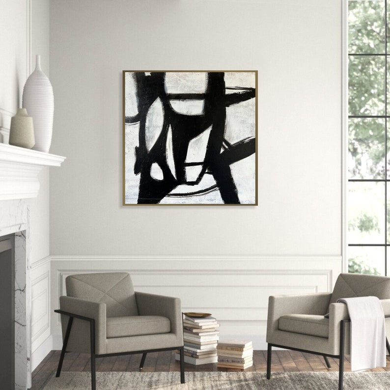 Abstract Black And White Paintings On Canvas, Franz Kline style Custom Oil Painting, Textured Minimalist Wall Hanging Decor for Home 28x28 image 2