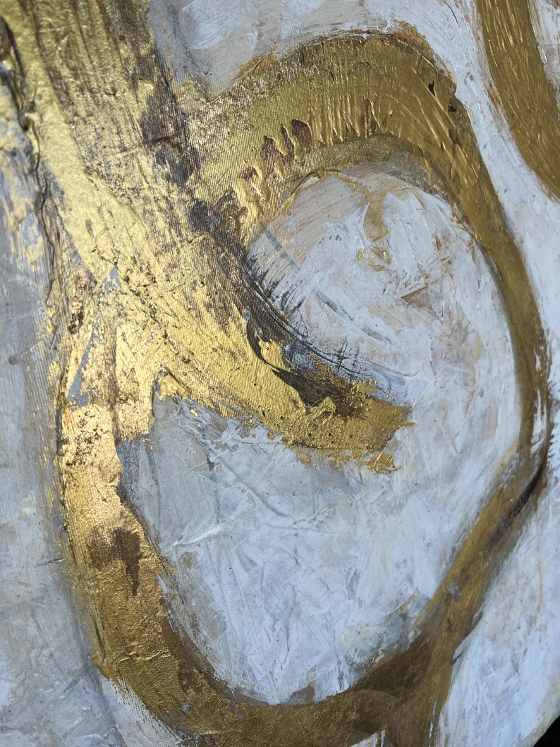 Abstract Beige schilderij op doek, originele gouden cirkels aangepaste olieverfschilderij, getextureerde bladgoud kunst, minimalistische Wall Decor 28 x 28 afbeelding 6