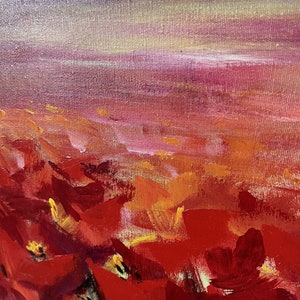 Original abstrakte rote Tulpen ästhetische Sonnenuntergang Malerei auf Leinwand, Original bunte Blumen Kunstwerk, romantische Boho-Stil Wand-Dekor 70x70cm Bild 6