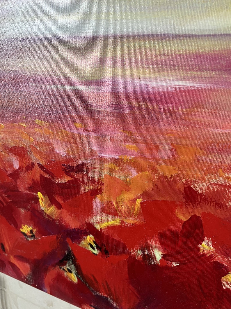 Original abstrakte rote Tulpen ästhetische Sonnenuntergang Malerei auf Leinwand, Original bunte Blumen Kunstwerk, romantische Boho-Stil Wand-Dekor 70x70cm Bild 6