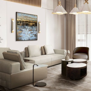 Dipinti astratti beige e oro su tela, opere d'arte originali ricche di texture, decorazione da parete in foglia d'oro per arredamento soggiorno 28x28 immagine 3