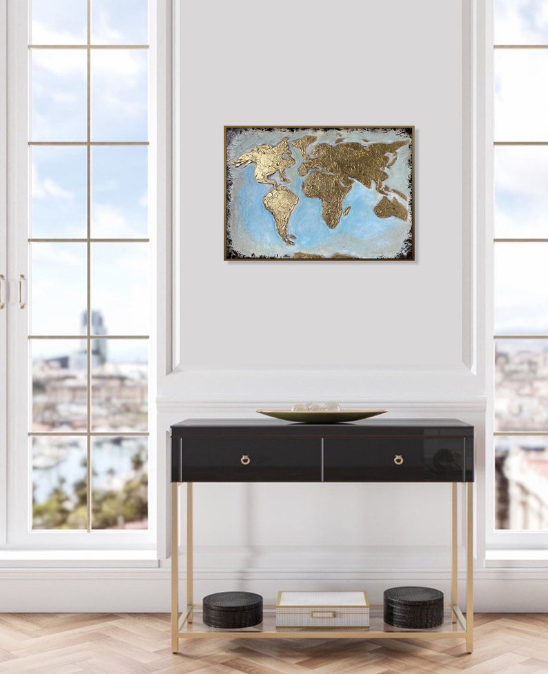 23.6x33.5 Abstract Gold World Map Paintings on Canvas, Hand Painted Map of the World, Original Oil Painting Best Choice for Office Decor image 2