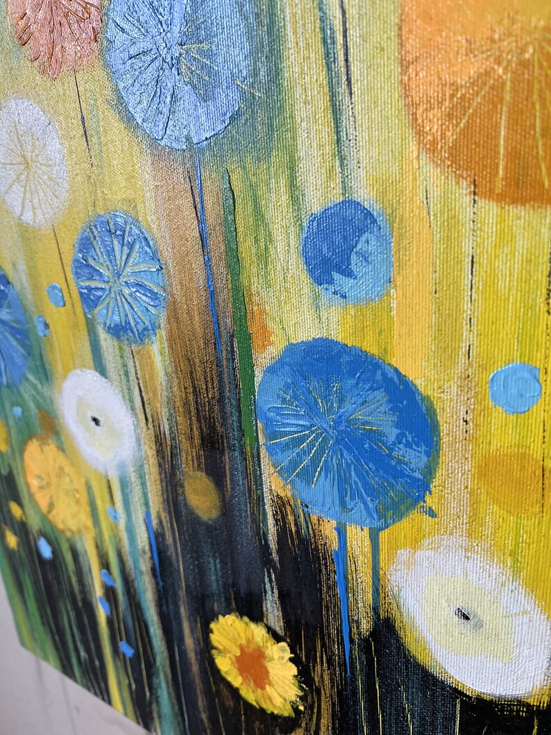 Original abstrakte bunte Pusteblumen Gemälde auf Leinwand, Original Blumenkunst für Kinderzimmer, Handgemalte Wandbehang Kunst 58 x 28 Bild 7