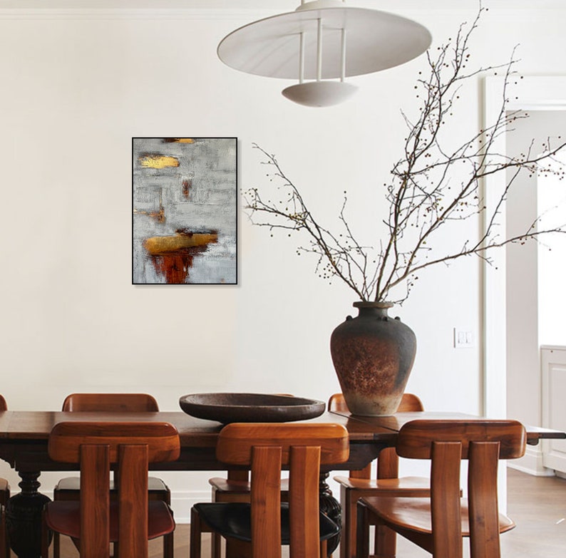 27,6x19,7 Abstrakte graue Gemälde auf Leinwand, Original Blattgold Kunst, modernes handgemachtes Ölgemälde, Japandi Dekor Kunst für Indie Room Decor Bild 3