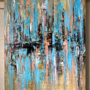 31.9x24 Original Abstract in Beige and Blue Colors Paintings on Canvas, Boho Style Modern Wall Hanging Decor Art Best Choice for Home image 4