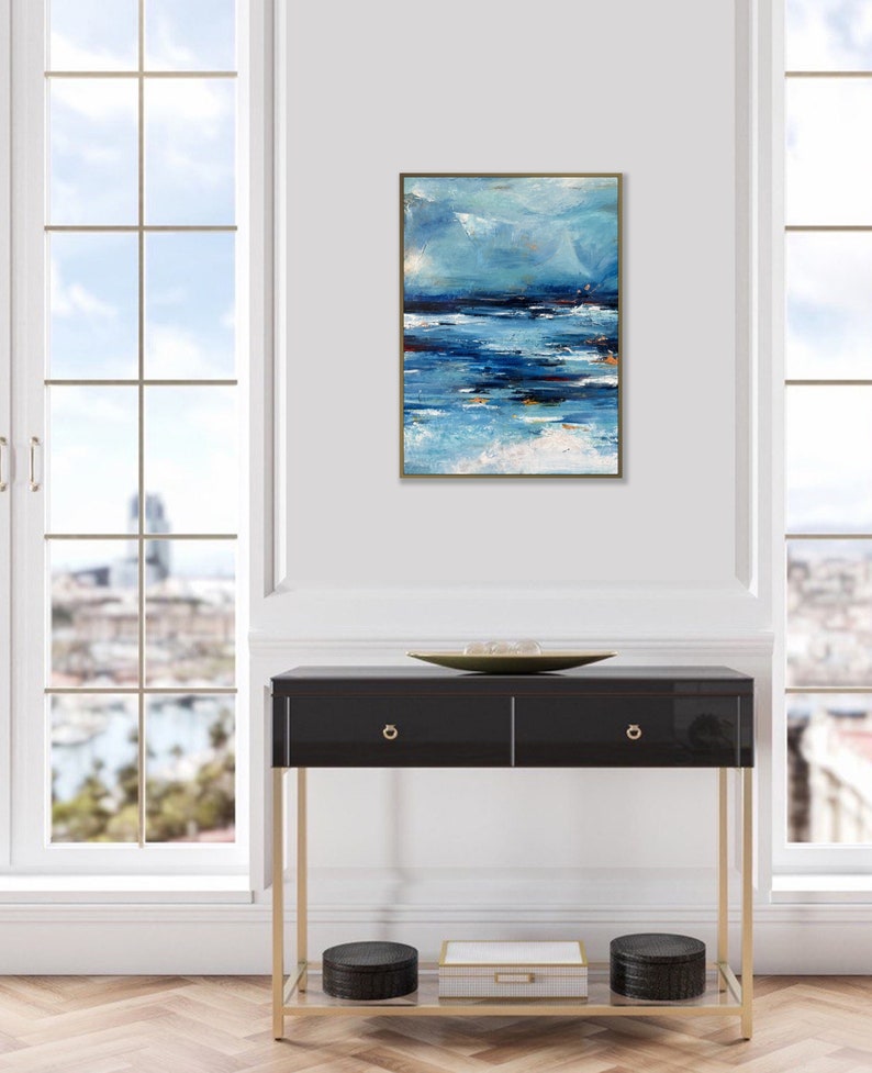 Abstract Blue Oceanic Wave Paintings On Canvas Scandic Chic Art Aesthetic Wall Hanging Artwork Custom Oil Painting for Home Decor 28x20 image 1