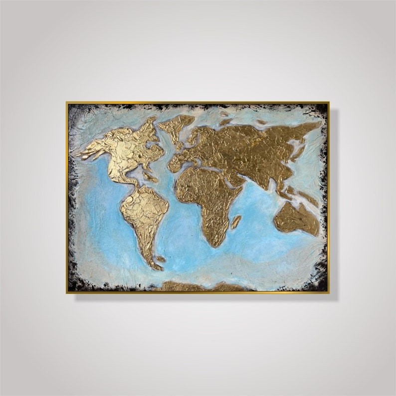 60x70 cm Abstrakte Gold Weltkarte Gemälde auf Leinwand, Handgemalte Karte der Welt, Original Ölgemälde Beste Wahl für Bürodekor Bild 1