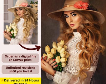 Personalized Woman Portrait: Custom Digital Art, Boho Wall Decor (Digital Downloadable Artwork