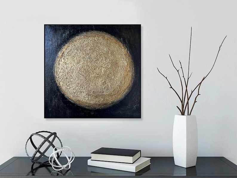 Abstract Gold Circles Paintings On Canvas, Modern Black Canvas Wall Art, Gold Sphere Original Art, Custom Oil Painting Wall Decor 28x28 image 1