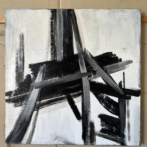 Original abstrakte Schwarz-Weiß-Gemälde auf Leinwand, abstrakte Eiffelturm-minimalistische Kunst, moderne strukturierte Malerei für Wohnkultur 68 x 28 Bild 4