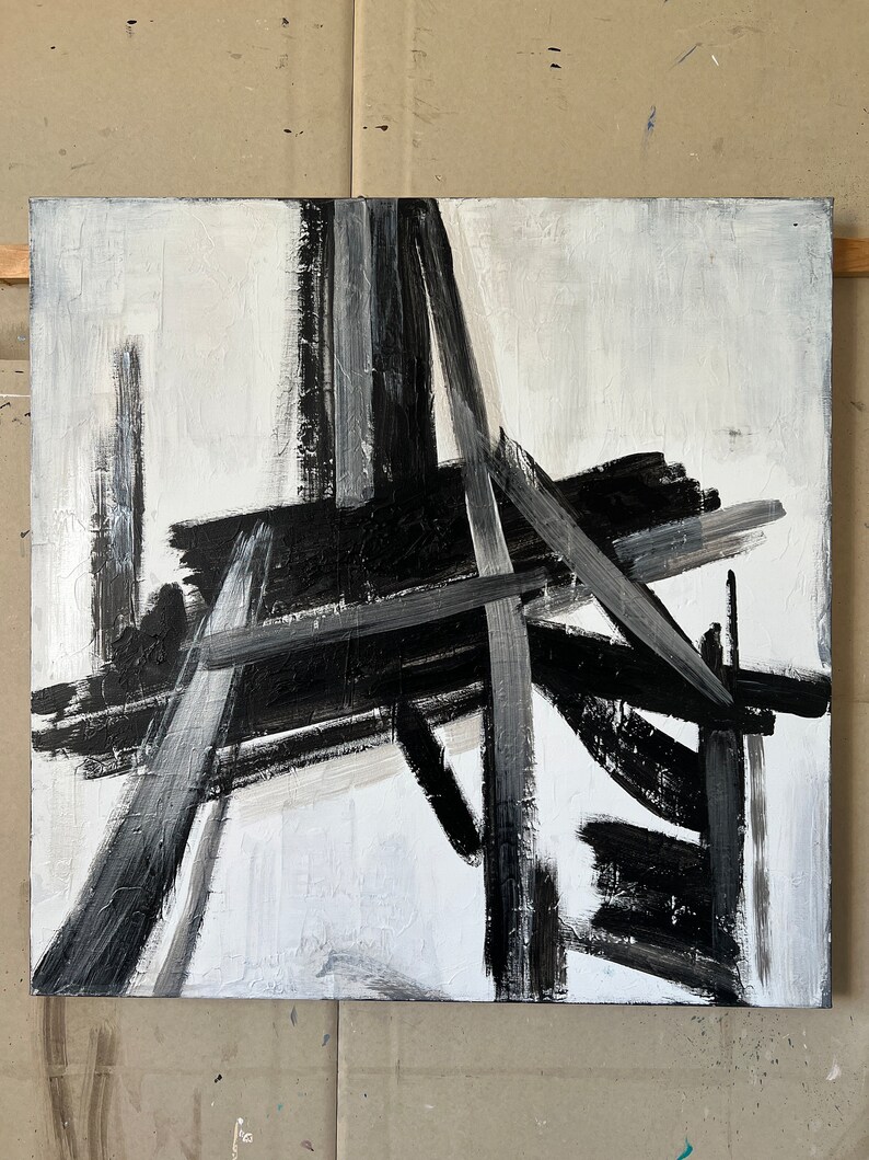 Original Abstract Black And White Paintings On Canvas, Abstract Eiffel Tower Minimalist Art, Modern Textured Painting for Home Decor 28x28 画像 4