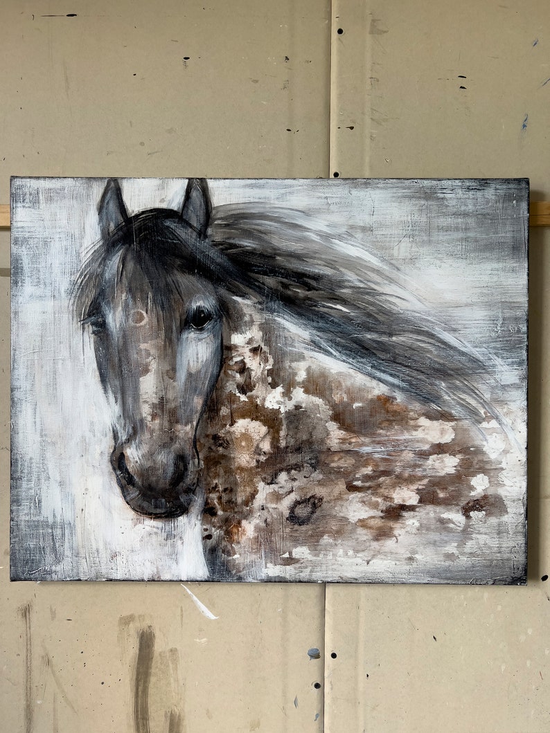 21,7 x 27,6 Abstracte paardenschilderijen op canvas. Originele dierenschilderijstof, neutraal boerderijkunstwerk, beste keuze voor het decor van de gastenkamer afbeelding 5