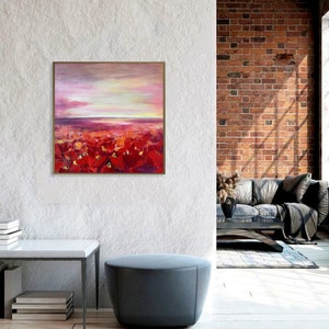 Original abstrakte rote Tulpen ästhetische Sonnenuntergang Malerei auf Leinwand, Original bunte Blumen Kunstwerk, romantische Boho-Stil Wand-Dekor 70x70cm Bild 3