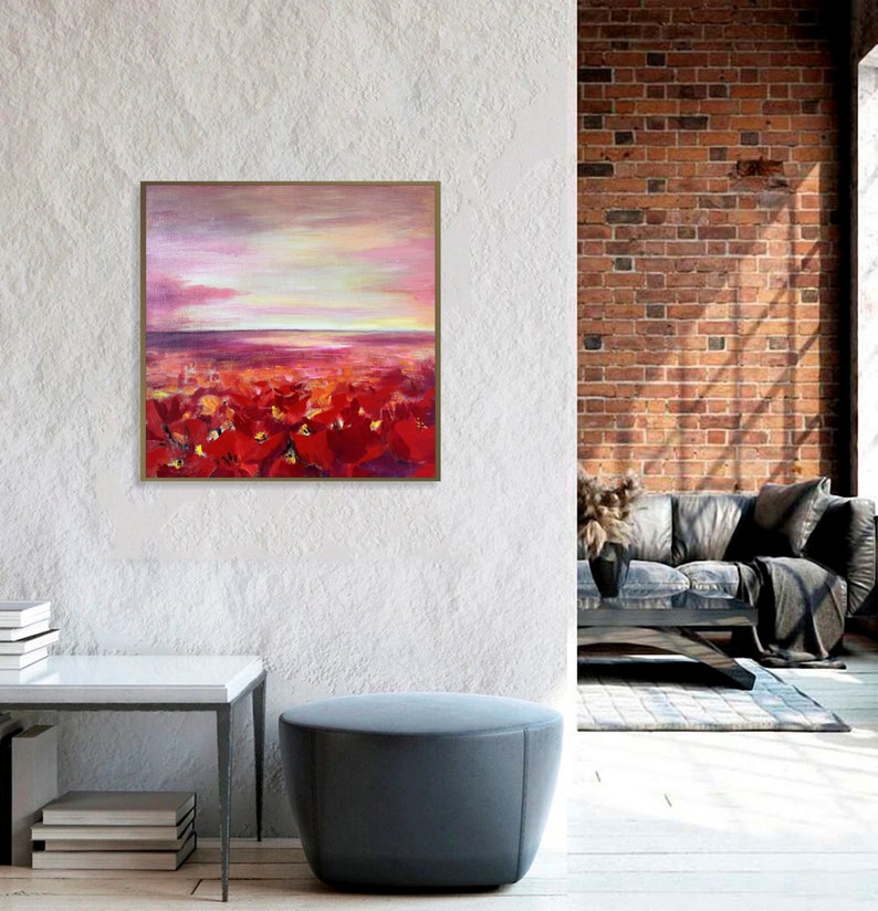 Original abstrakte rote Tulpen ästhetische Sonnenuntergang Malerei auf Leinwand, Original bunte Blumen Kunstwerk, romantische Boho-Stil Wand-Dekor 70x70cm Bild 3