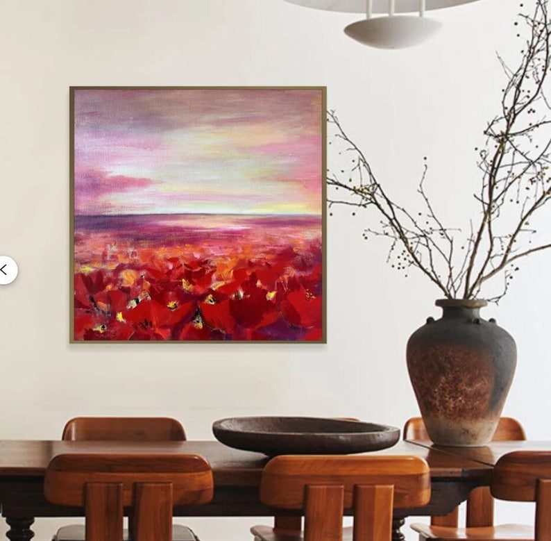 Original Abstract Red Tulips Aesthetic Sunset Painting on Canvas, Original Colorful Floral Artwork, Romantic Boho Style Wall Decor 28x28 image 1