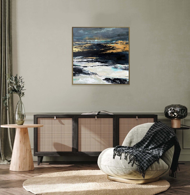 Original abstrakte Landschaftsgemälde auf Leinwand, strukturiertes benutzerdefiniertes Ölgemälde Scandic Chic Aesthetic Wandbehang Kunst für Wohnkultur 70x70 cm Bild 3