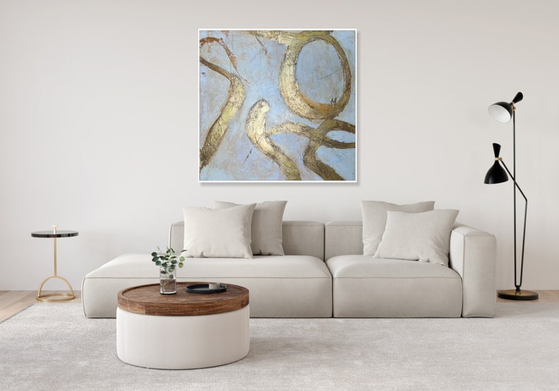 Abstract Beige And Gold Painting on Canvas, Original Gold Leaf Art, Custom Oil Painting, Textured Handmade Minimalist Art Wall Decor 28x28 image 2