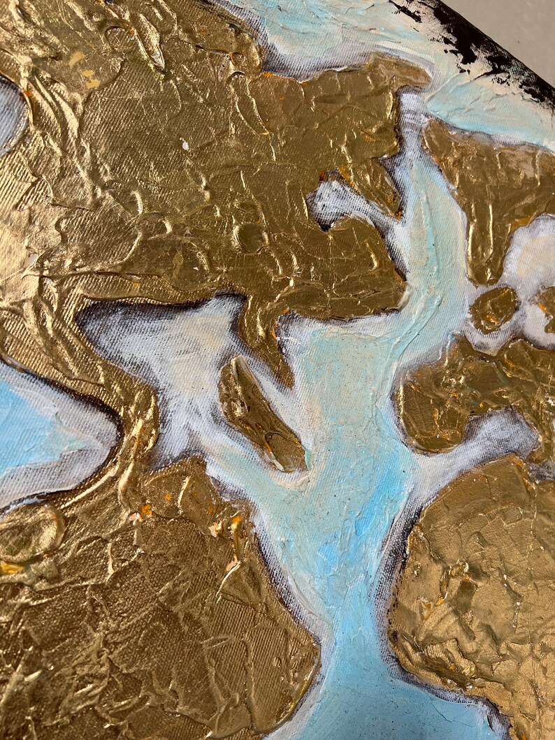 23.6x33.5 Pinturas abstractas del mapa del mundo de oro sobre lienzo, mapa del mundo pintado a mano, pintura al óleo original, la mejor opción para la decoración de la oficina imagen 6