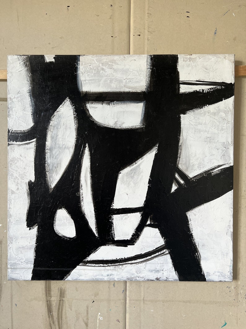 Abstract Black And White Paintings On Canvas, Franz Kline style Custom Oil Painting, Textured Minimalist Wall Hanging Decor for Home 28x28 imagem 5