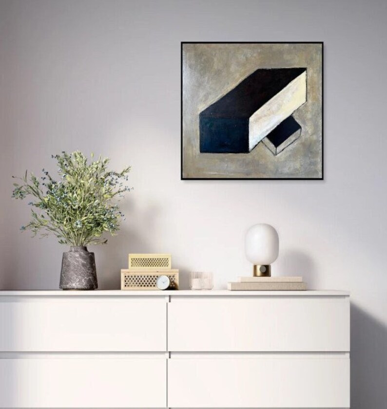 Abstracte bruine geometrische vormen schilderijen op canvas, moderne neutrale minimalistische kunst decor beste keuze voor thuis of op kantoor wanddecoratie 24x24 afbeelding 1