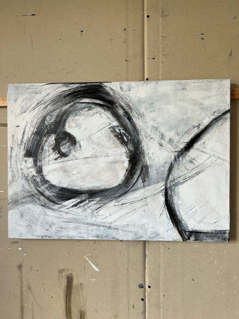 19,7x27,6 abstracte zwart-witte cirkels schilderijen op canvas, handgemaakt schilderij, minimalistische kunst beste keuze voor kantoor of woondecoratie afbeelding 4