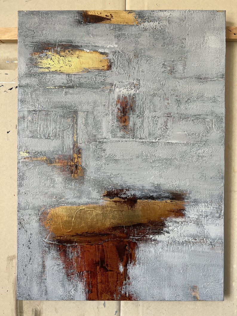 27.6x19.7 Abstract Grey Paintings on Canvas, Original Gold Leaf Art, Modern Handmade Oil Painting, Japandi Decor Art for Indie Room Decor zdjęcie 5