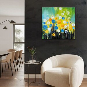 Original Abstract Colorful Dandelions Paintings on Canvas, Original Floral Art for Kids Room, Hand Painted Wall Hanging Art 28x28 image 3