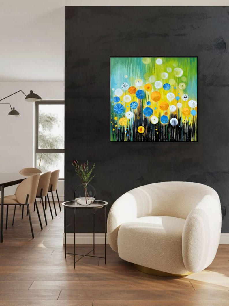 Original Abstract Colorful Dandelions Paintings on Canvas, Original Floral Art for Kids Room, Hand Painted Wall Hanging Art 28x28 image 3