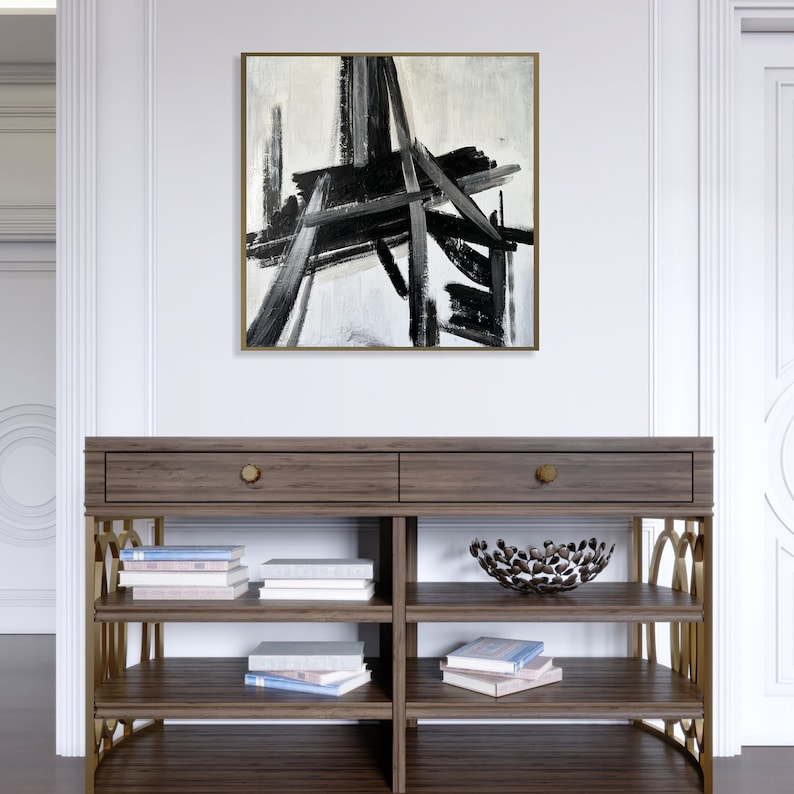 Original abstrakte Schwarz-Weiß-Gemälde auf Leinwand, abstrakte Eiffelturm-minimalistische Kunst, moderne strukturierte Malerei für Wohnkultur 68 x 28 Bild 1