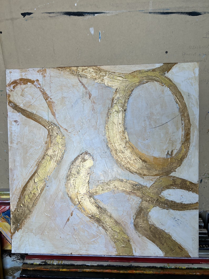 Abstract Beige And Gold Painting on Canvas, Original Gold Leaf Art, Custom Oil Painting, Textured Handmade Minimalist Art Wall Decor 28x28 image 5