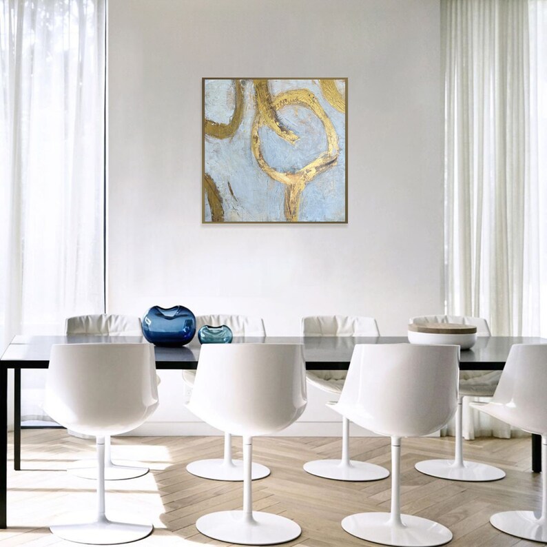 Abstract Beige schilderij op doek, originele gouden cirkels aangepaste olieverfschilderij, getextureerde bladgoud kunst, minimalistische Wall Decor 28 x 28 afbeelding 2