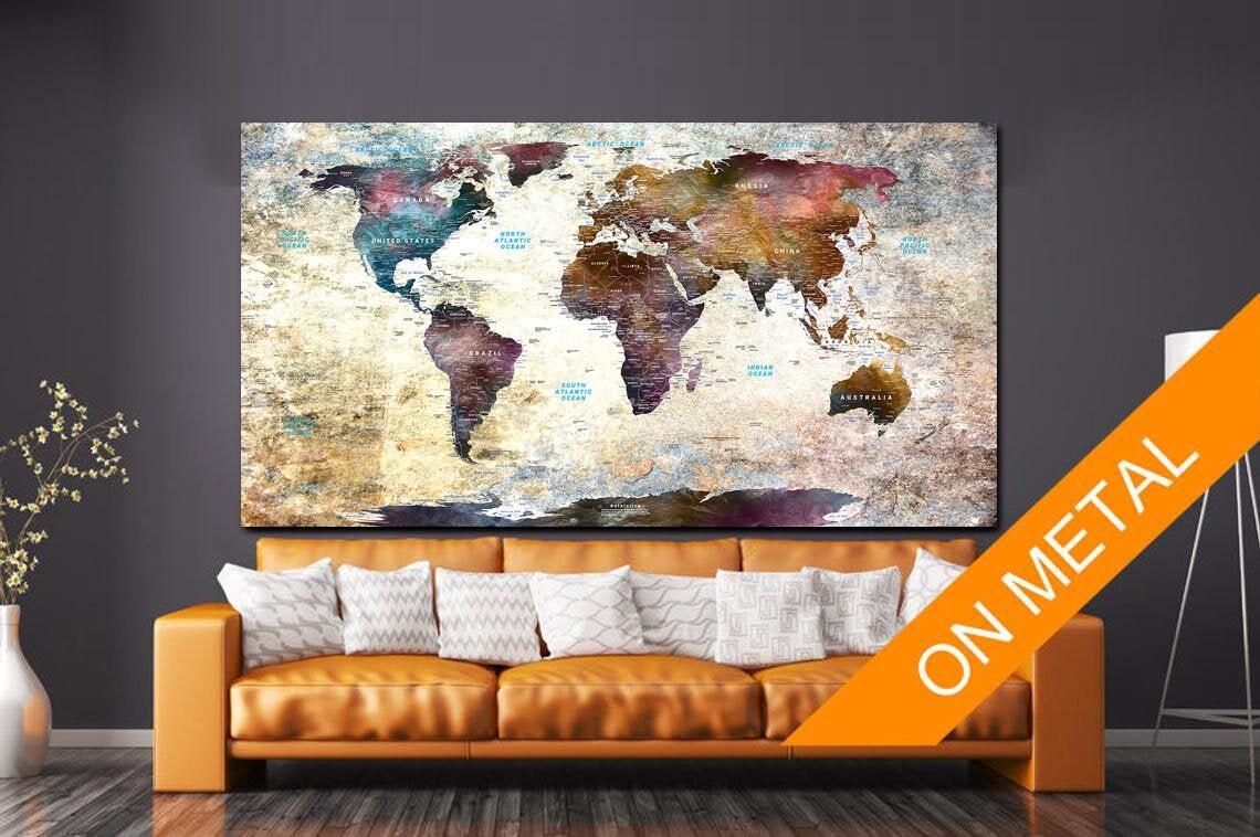 Metal World Map Brown Wall Steel World Map Housewarming Gift Etsy