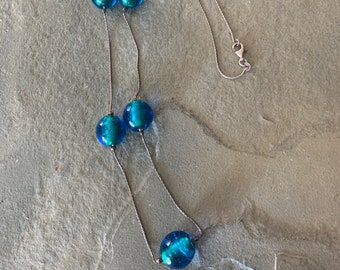 Long Italian Blue Foil Glass Beaded Necklace With Sterling Silver Chain