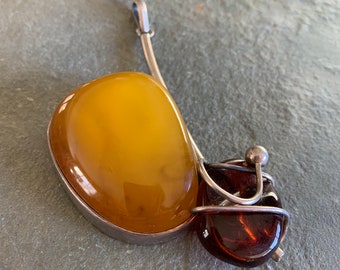 Large Butterscotch Amber and Brown Amber Pendant with Sterling Silver