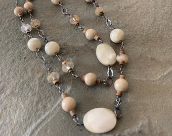 Mother of Pearl Beaded Necklace with Sterling Silver Chain