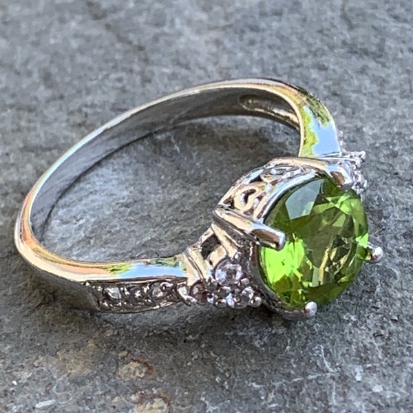 Vintage Peridot and White Sapphire Ring with Sterling Silver, Size 8